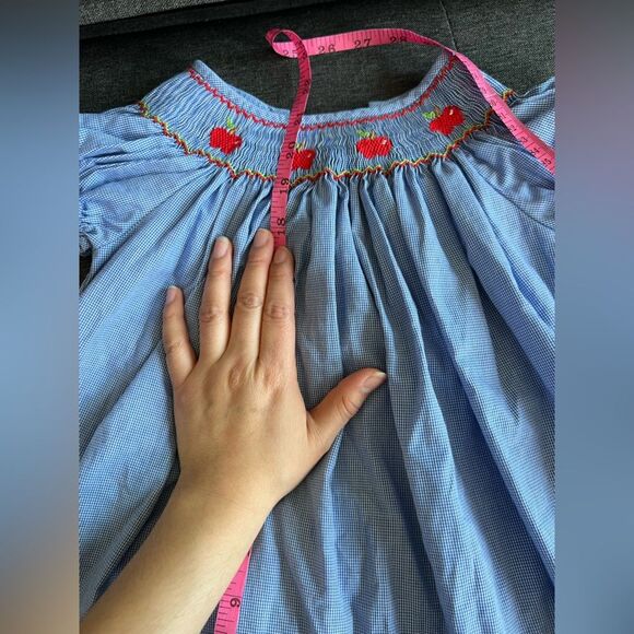Petit Bébé || Girls Blue Checkered Embroidered Apple Hand Smoked 2T Dress - Picture 8 of 8